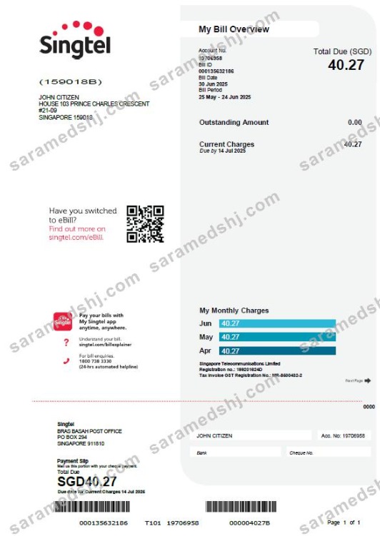 Singapore Singtel utility bill template in Word and PDF formats